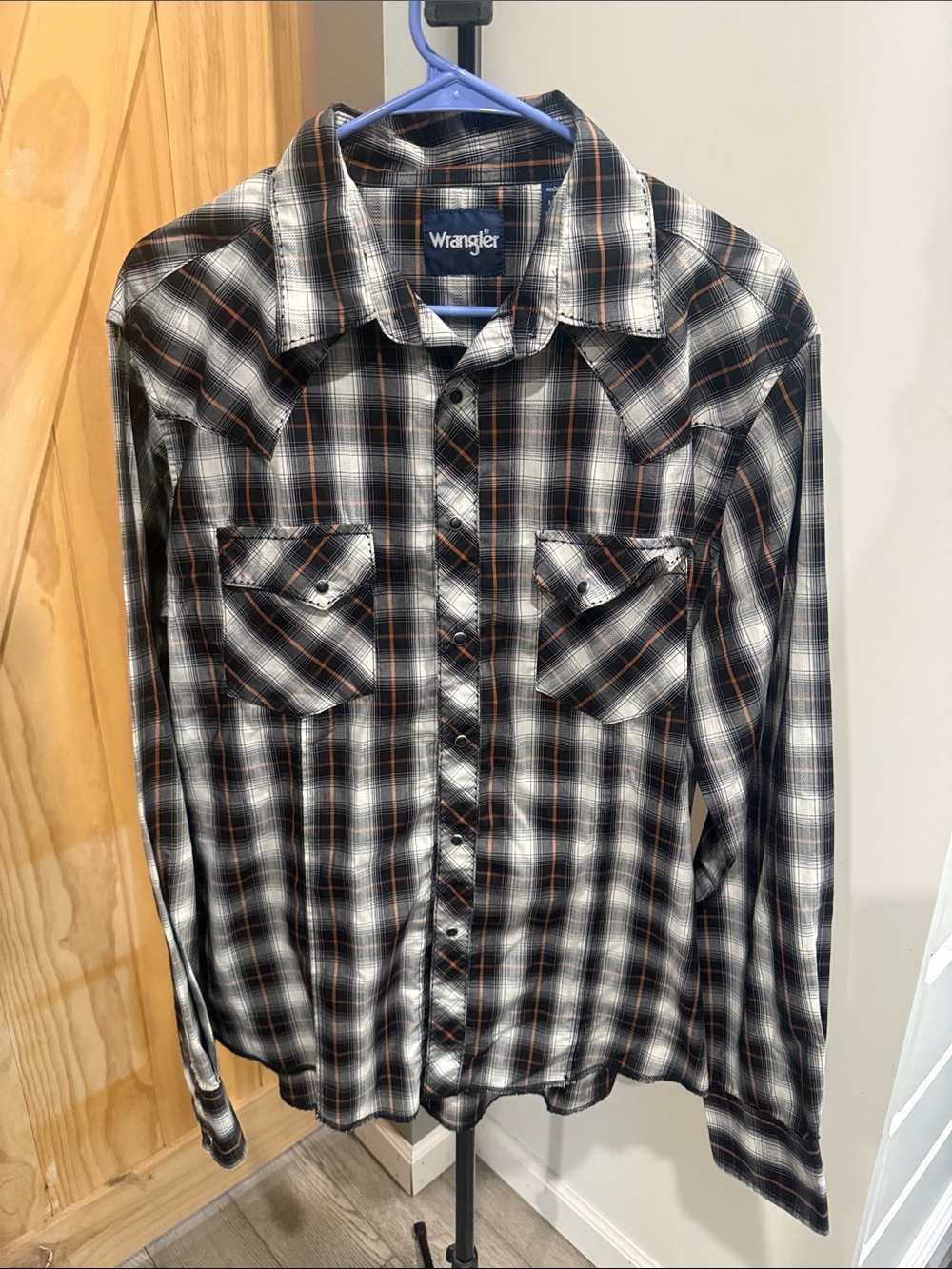 Wrangler Black White Plaid Button-Down Shirt with Orange Trim
